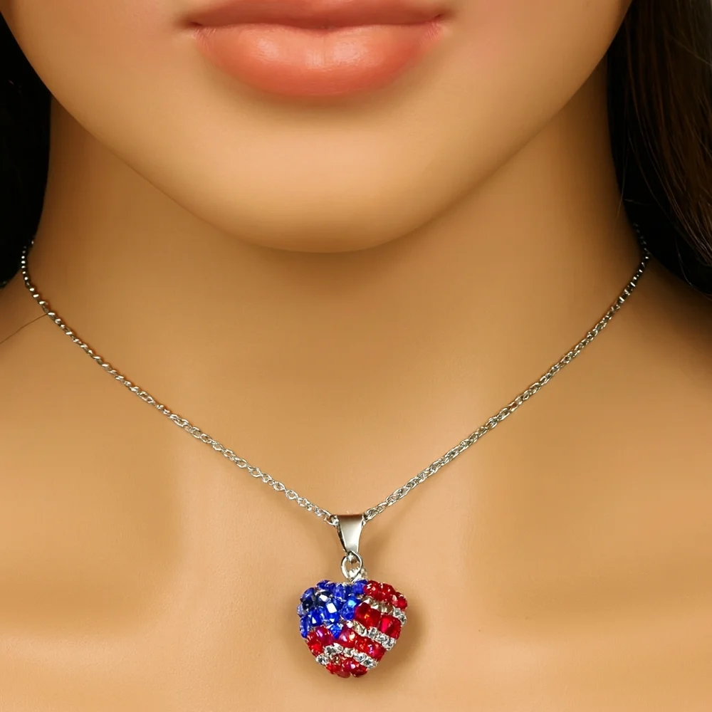 Women's Silver Heart Rhinestone Necklace American Flag  -  Patriotic  Jewelry